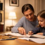 Adult helping a young girl with homework at a wooden table in a warmly lit room