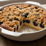 Blueberry crumb cake with a slice removed in a white ceramic baking dish on a wooden table