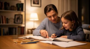 Adult helping a young girl with homework at a wooden table in a warmly lit room