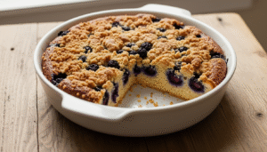 Blueberry crumb cake with a slice removed in a white ceramic baking dish on a wooden table