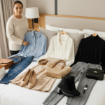 Woman arranging three outfits with shoes and accessories on a bed in a bedroom