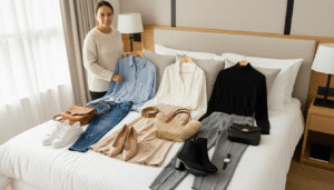 Woman arranging three outfits with shoes and accessories on a bed in a bedroom