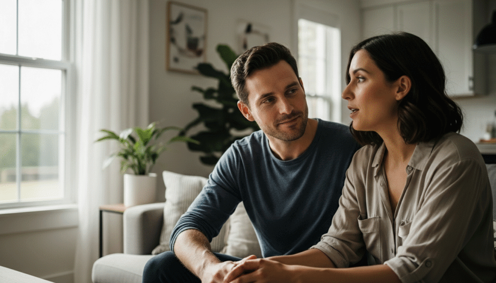 Man and woman sitting on a couch having a serious conversation in a bright living room.