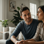 Man and woman sitting on a couch having a serious conversation in a bright living room.