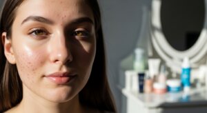 Close-up of a young woman with acne on her cheek and skincare products blurred on a vanity in the background.