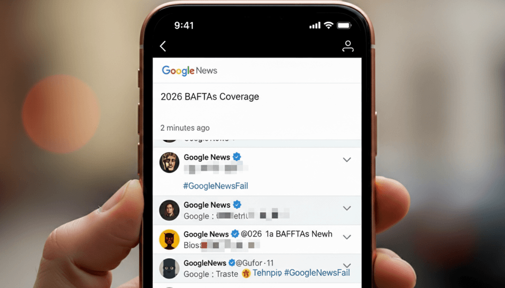 Smartphone screen showing Google News app with 2026 BAFTAs coverage and tweets mentioning #GoogleNewsFail