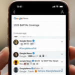Smartphone screen showing Google News app with 2026 BAFTAs coverage and tweets mentioning #GoogleNewsFail