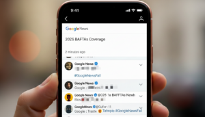 Smartphone screen showing Google News app with 2026 BAFTAs coverage and tweets mentioning #GoogleNewsFail