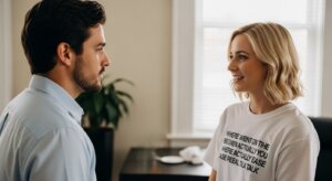 Man and woman facing each other, woman smiling and wearing a white shirt with black text.