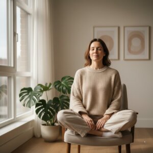 Woman in beige sweater meditating cross-legged on a chair in a bright room with a potted plant and abstract wall art.
