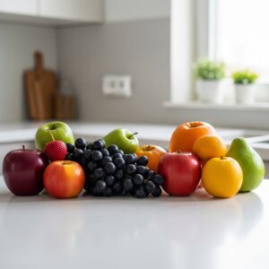 Assorted fresh fruits including apples, grapes, oranges, a strawberry, and a pear on a kitchen countertop.