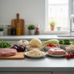 Raw pork, fresh vegetables, garlic, onions, and grains arranged on a kitchen counter.