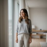 Smiling woman in a gray sweater and beige pants standing by a window in a modern living room.
