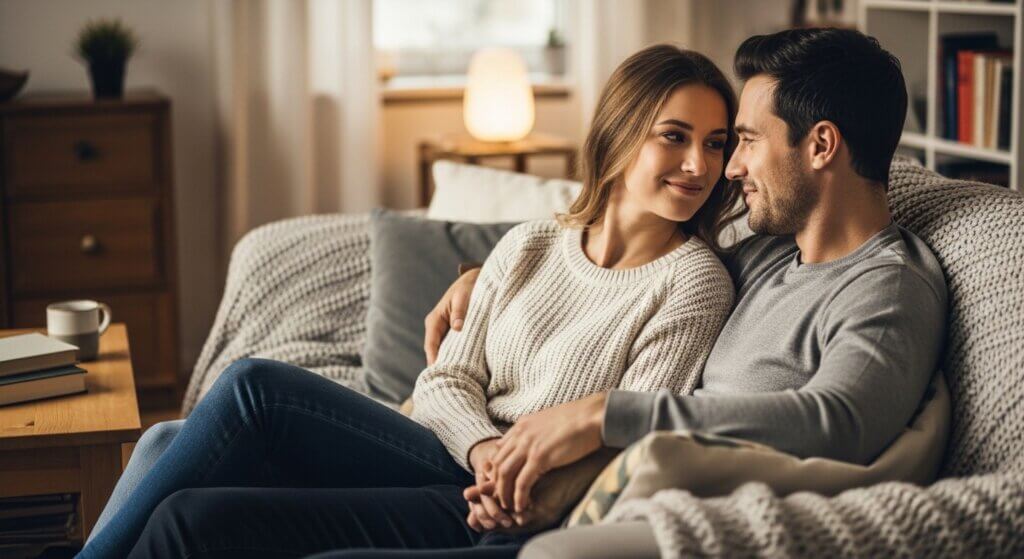 Couple sitting closely on a couch, holding hands and smiling at each other in a cozy living room.