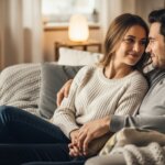 Couple sitting closely on a couch, holding hands and smiling at each other in a cozy living room.