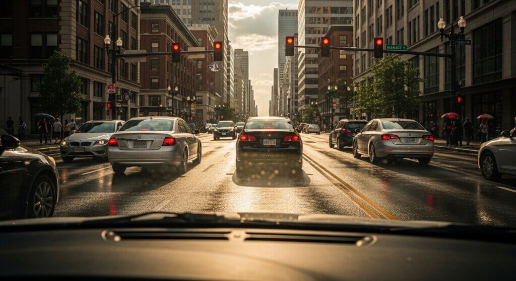 Cars stopped at a red light on a city street with tall buildings and pedestrians holding umbrellas on the sidewalk.