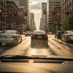 Cars stopped at a red light on a city street with tall buildings and pedestrians holding umbrellas on the sidewalk.