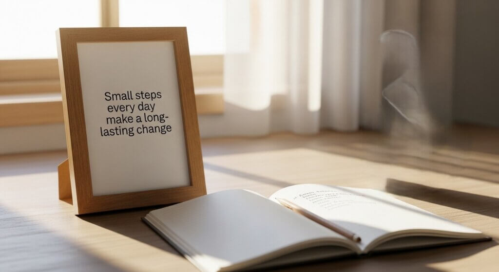 Wooden frame with motivational quote "Small steps every day make a long-lasting change" next to an open notebook with a pencil.