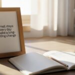 Wooden frame with motivational quote "Small steps every day make a long-lasting change" next to an open notebook with a pencil.