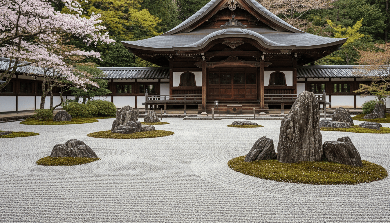 Zen rock garden with raked gravel and moss islands in front of a traditional Japanese temple and cherry blossoms.