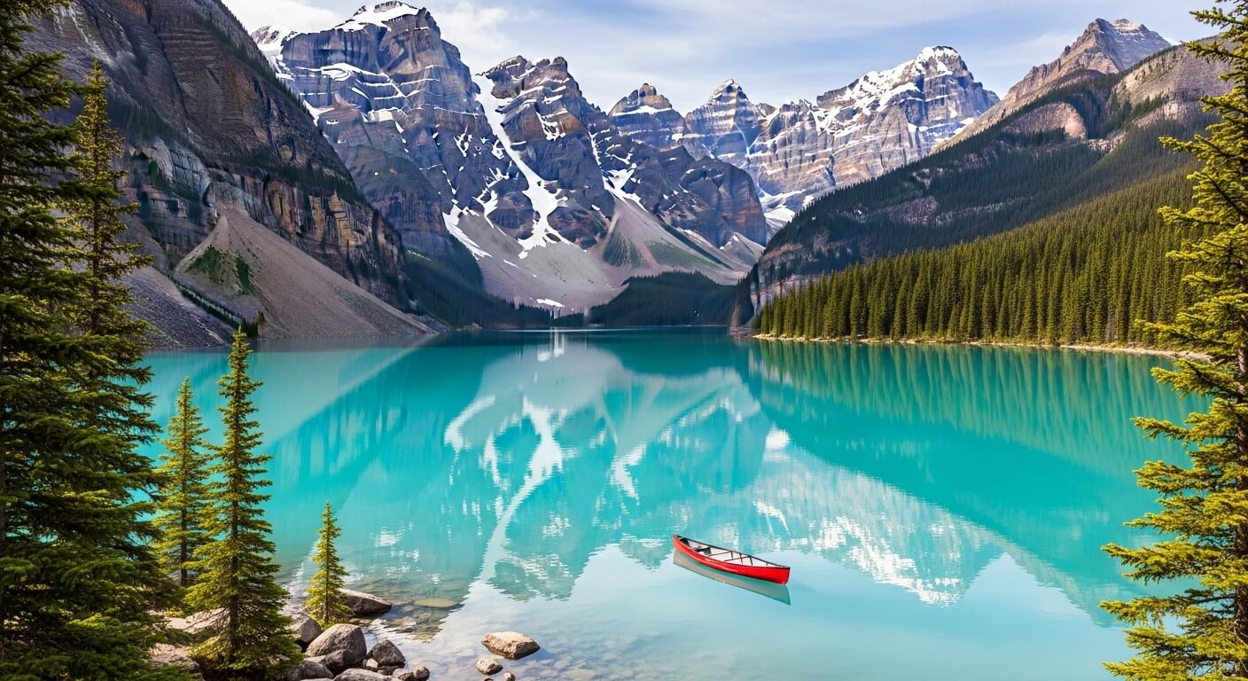 Red canoe floating on turquoise lake with snow-capped mountains and pine trees reflected in the water