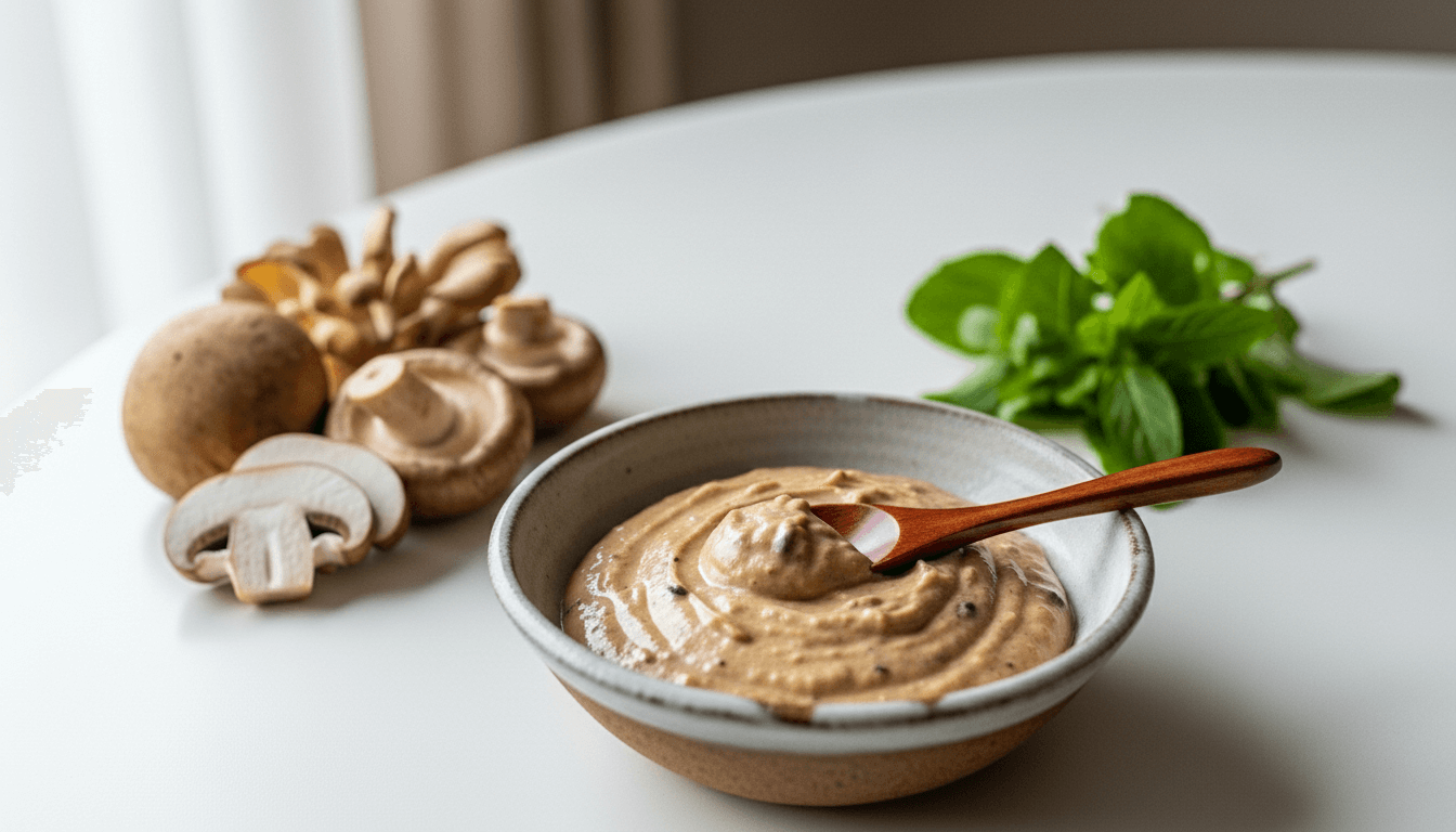 Bowl of creamy mushroom sauce with wooden spoon, fresh mushrooms, and green herbs on white table.