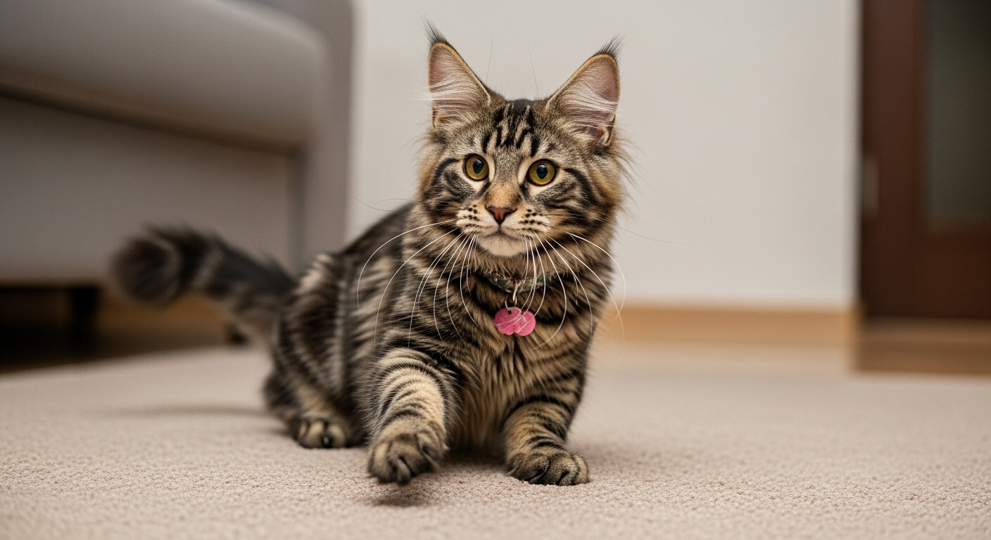 Tabby cat with a pink collar tag lying on a beige carpet indoors.