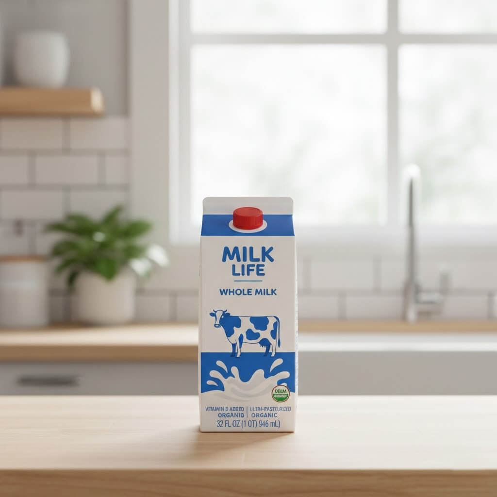 Milk Life whole milk carton with red cap on kitchen counter in front of window