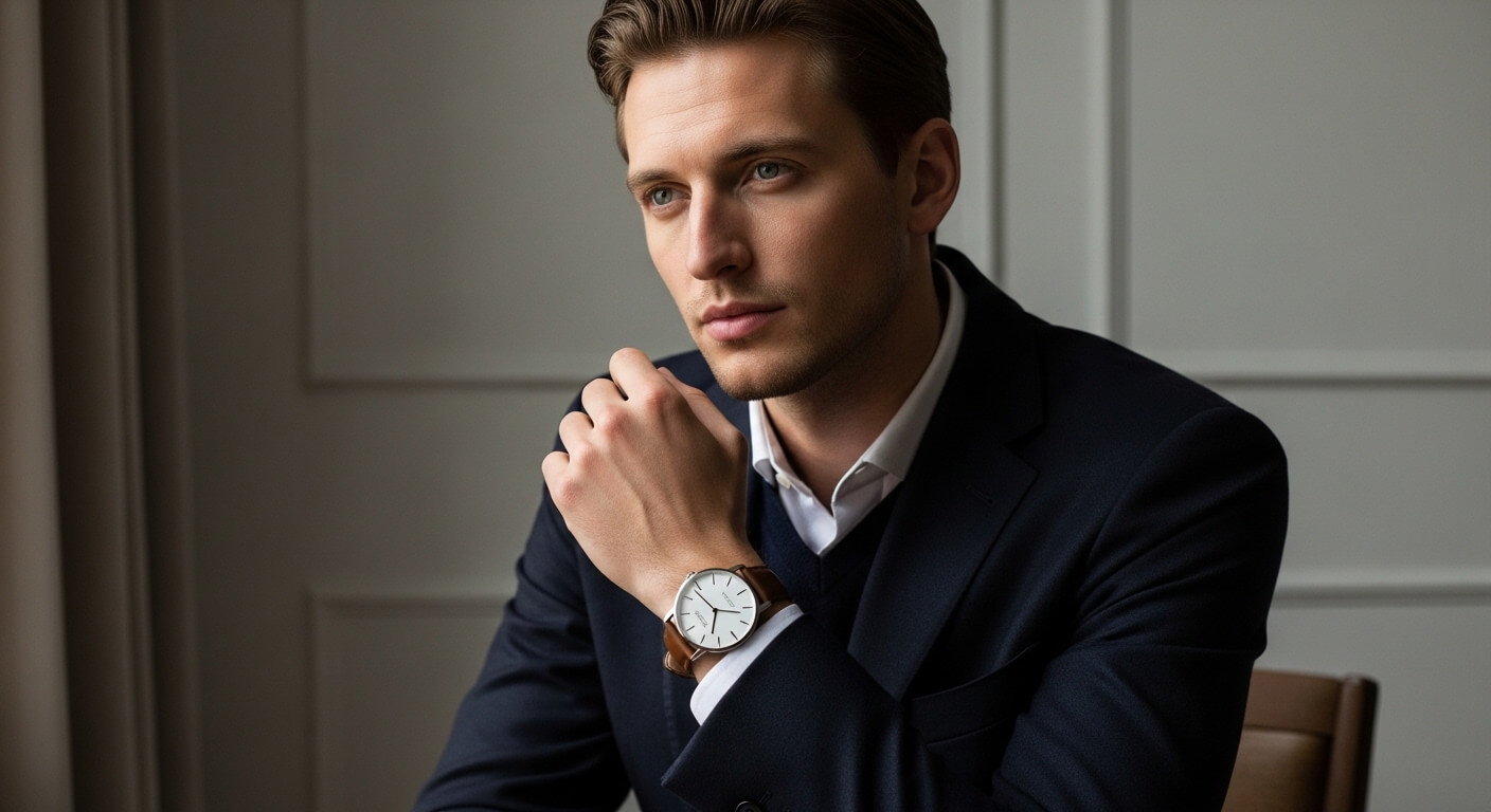 Young man in a navy suit wearing a brown leather strap wristwatch with a white dial, looking thoughtfully to the side