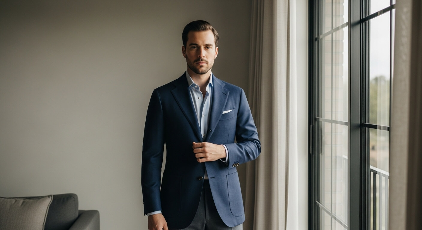Man in blue suit jacket adjusting button standing by window in modern room