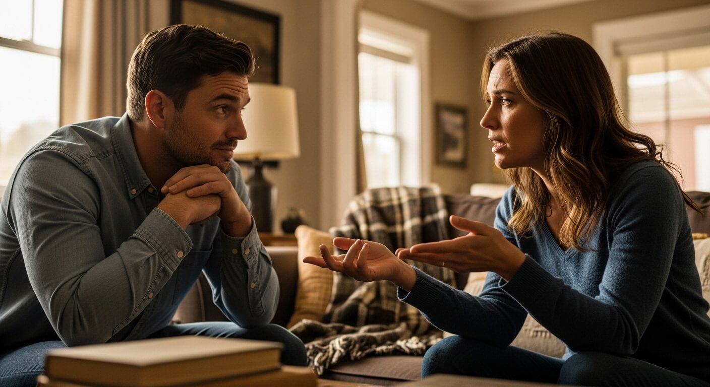 Man listens attentively as woman speaks and gestures during a serious conversation on a living room couch.