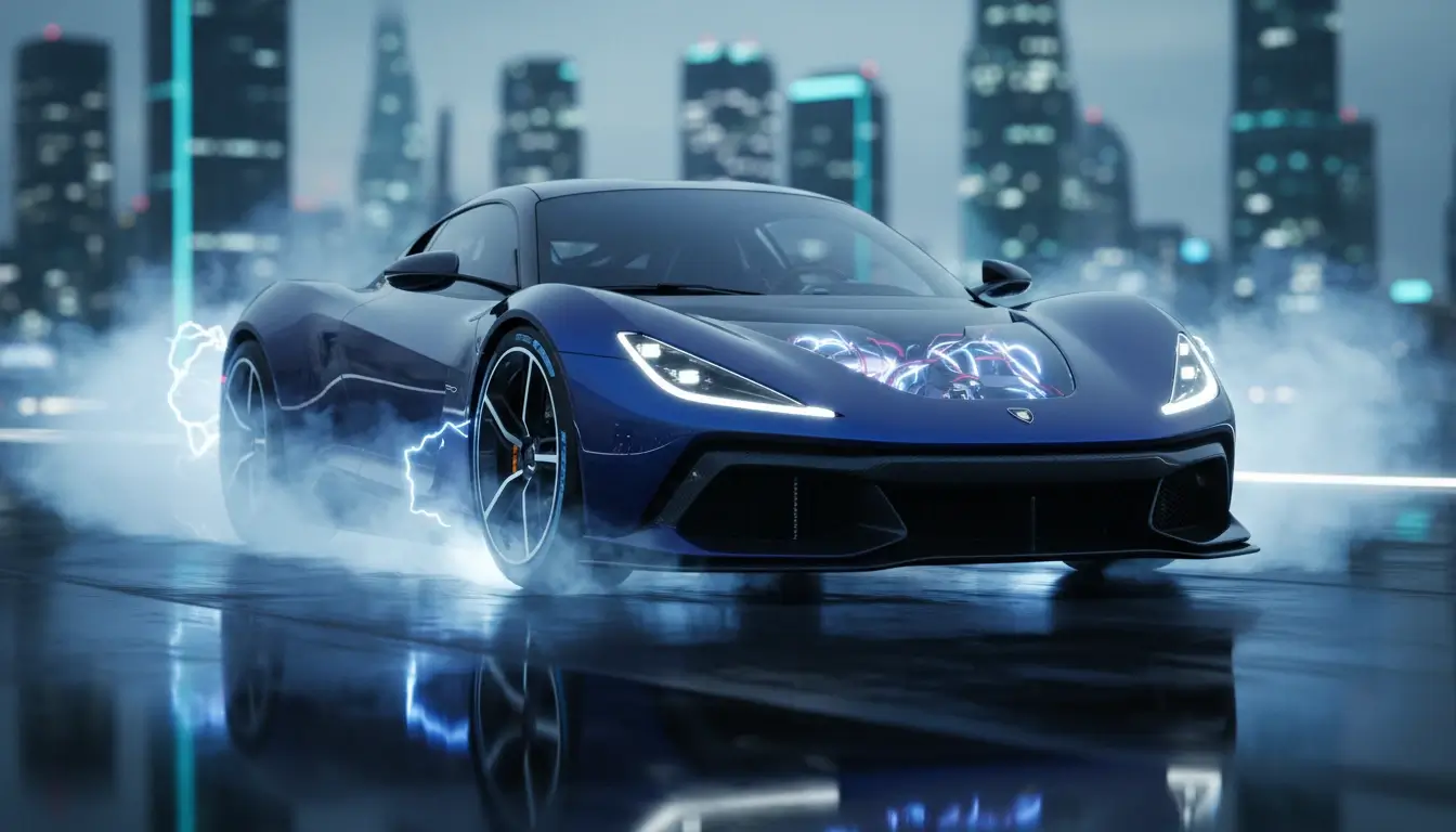 Blue electric sports car with visible glowing engine and electric sparks on a wet city street at night