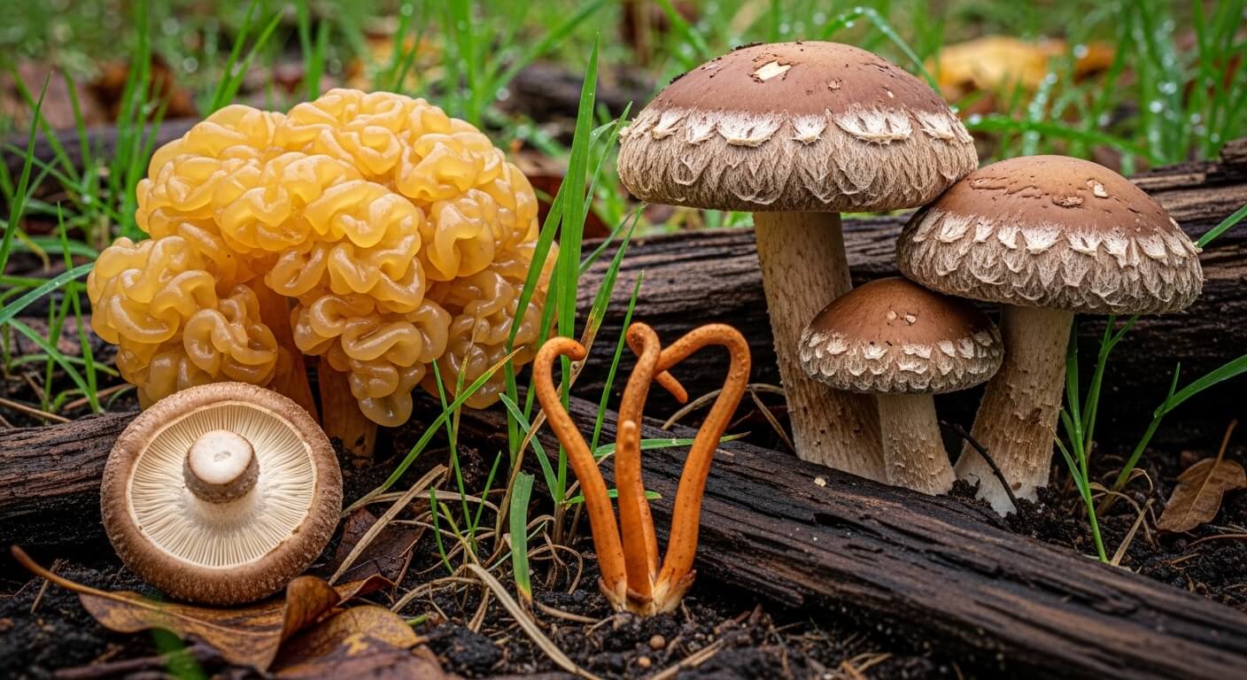 Various wild mushrooms including brain-like yellow, brown capped, and slender orange fungi growing on forest floor with grass and wood debris