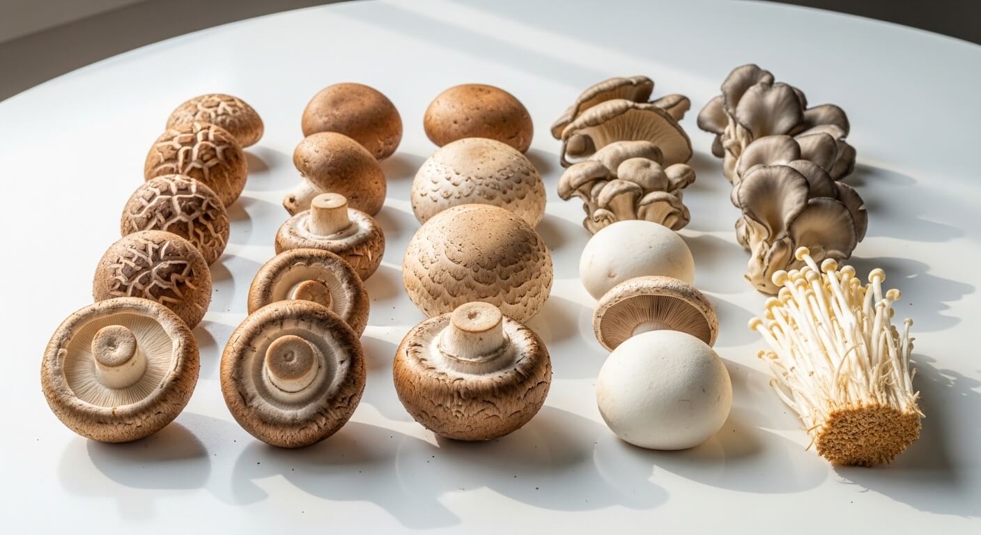 Various types of fresh mushrooms including shiitake, cremini, white button, oyster, and enoki arranged on a white surface.