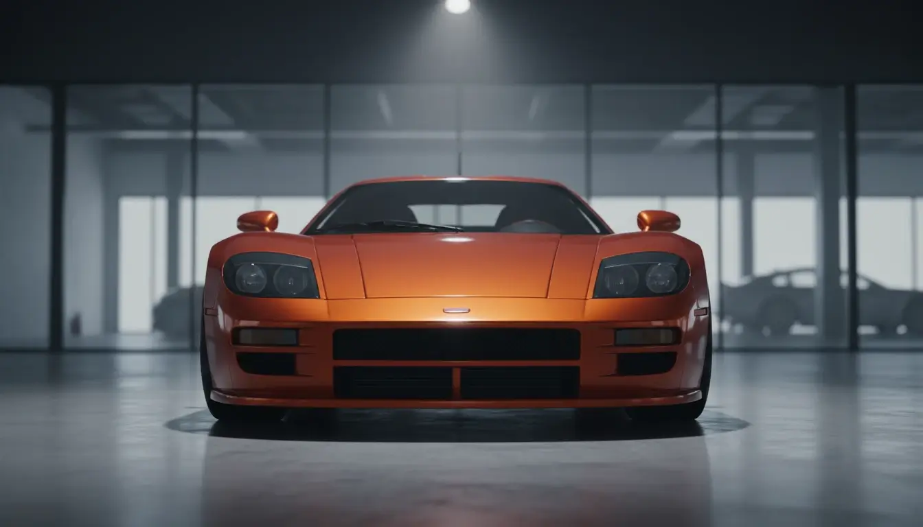Front view of an orange McLaren F1 sports car in a showroom with glass walls and other cars in the background.