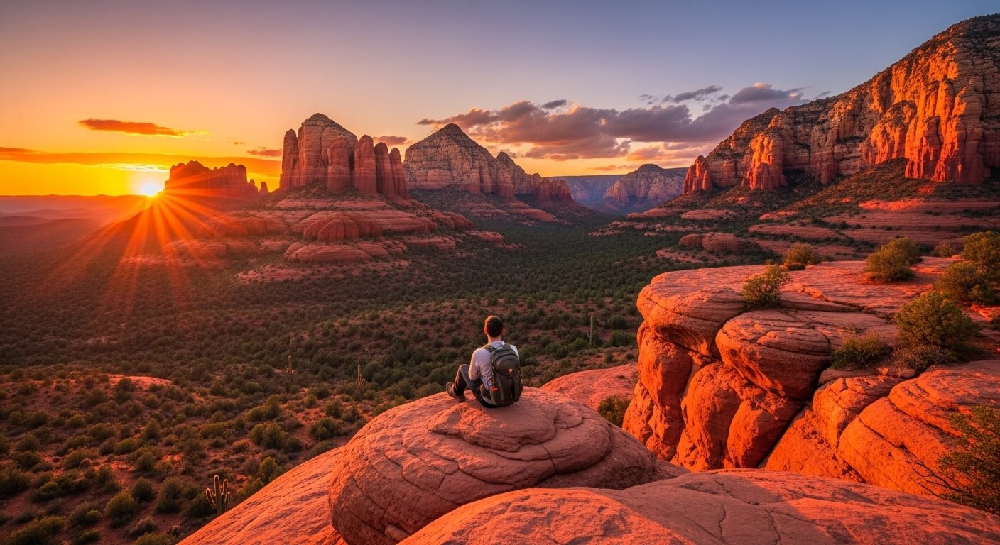 Person with backpack sitting on red rock formation watching sunset over Sedona's red rock landscape