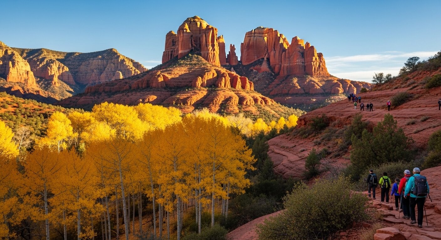 Hikers walking on a red rock trail near yellow autumn trees with Cathedral Rock in Sedona, Arizona in the background.