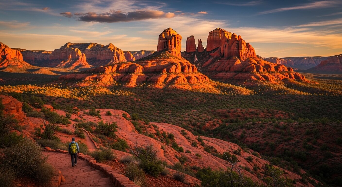 Hiker with green backpack walking on a red rock trail in Sedona, Arizona at sunset with Cathedral Rock in the background.