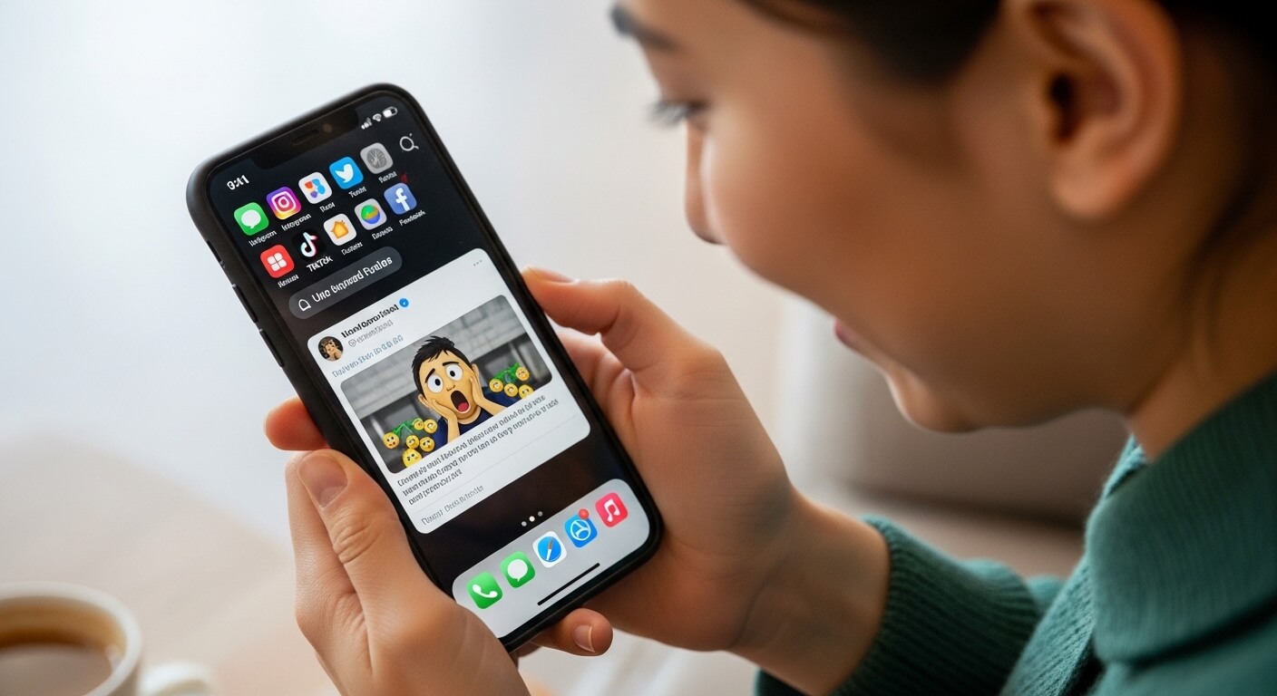 Person holding an iPhone displaying social media apps and a tweet with a shocked cartoon face emoji.