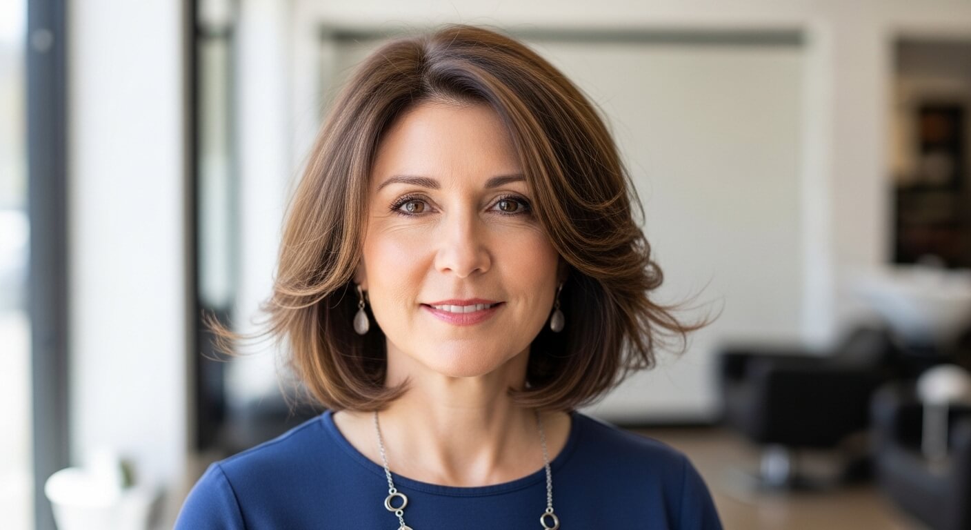 Smiling middle-aged woman with shoulder-length brown hair wearing a blue top and silver jewelry in a modern office.