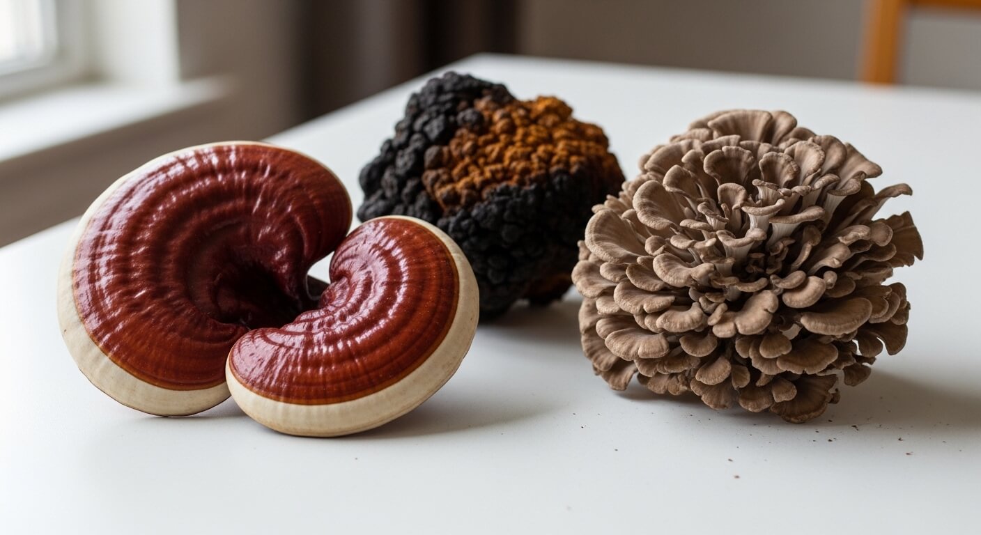 Three different types of mushrooms on a white surface, including reishi, black truffle, and maitake mushrooms.