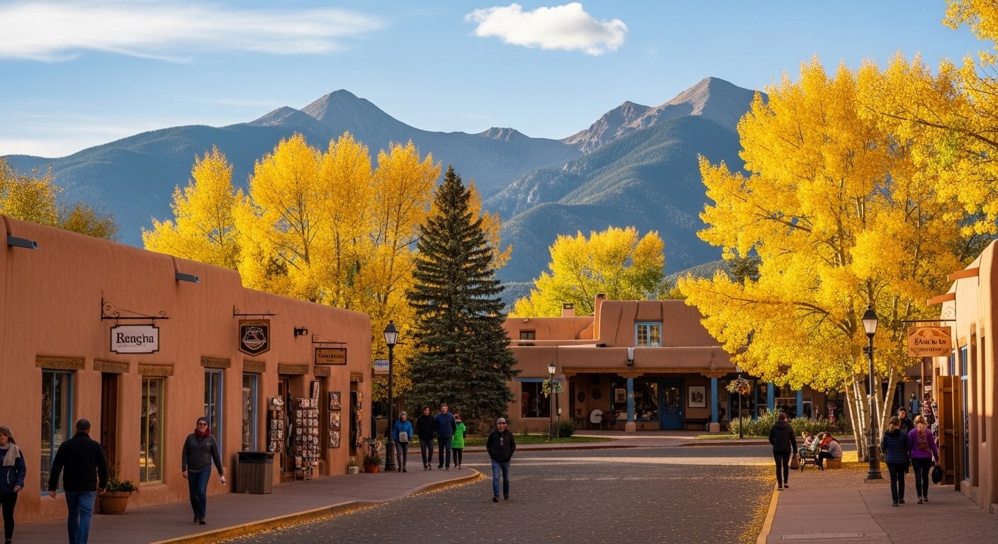 People walking along a street with adobe buildings and yellow autumn trees, with mountains in the background