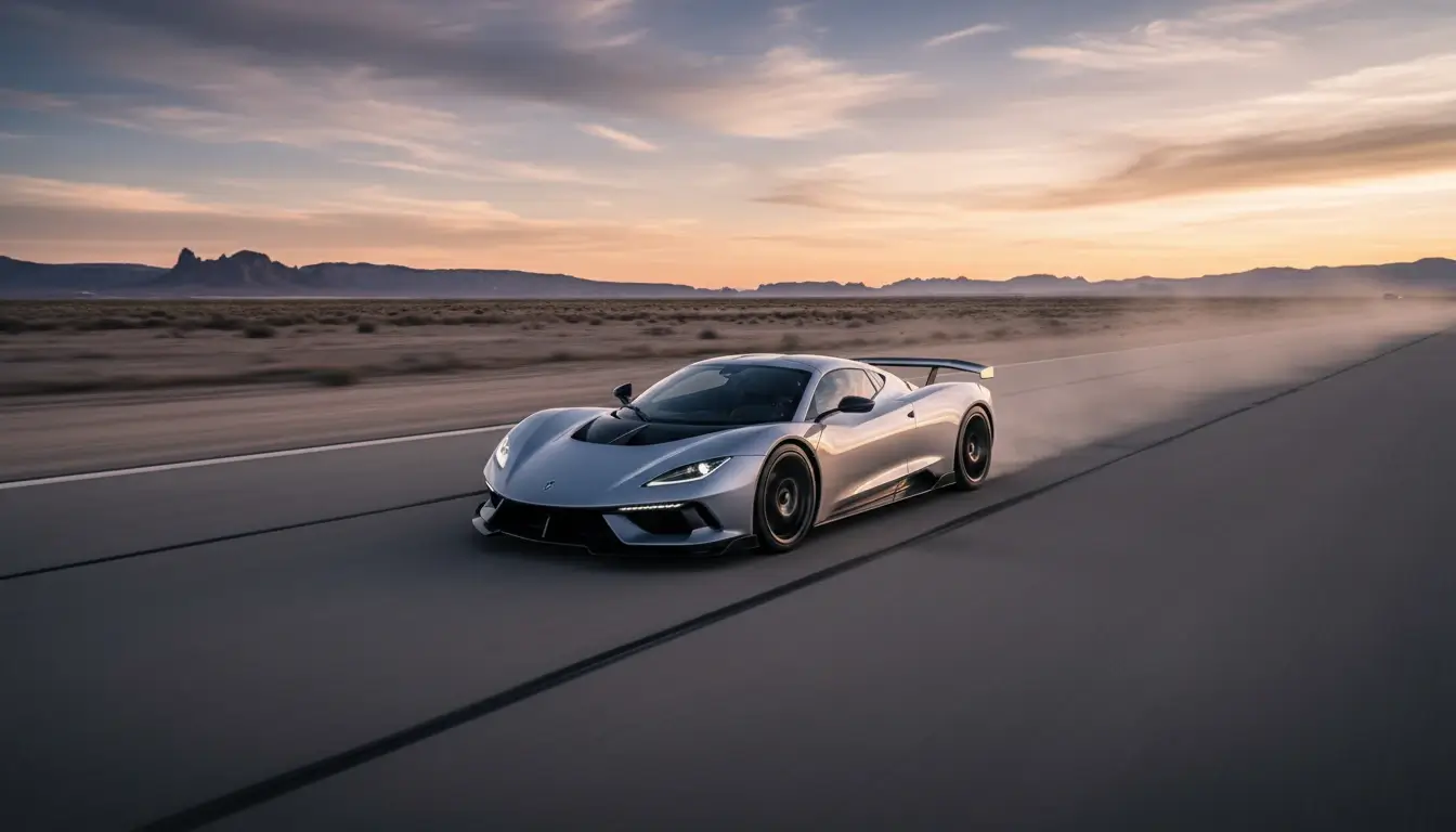 Silver Rimac Nevera electric hypercar speeding on a desert road at sunset with dust trailing behind