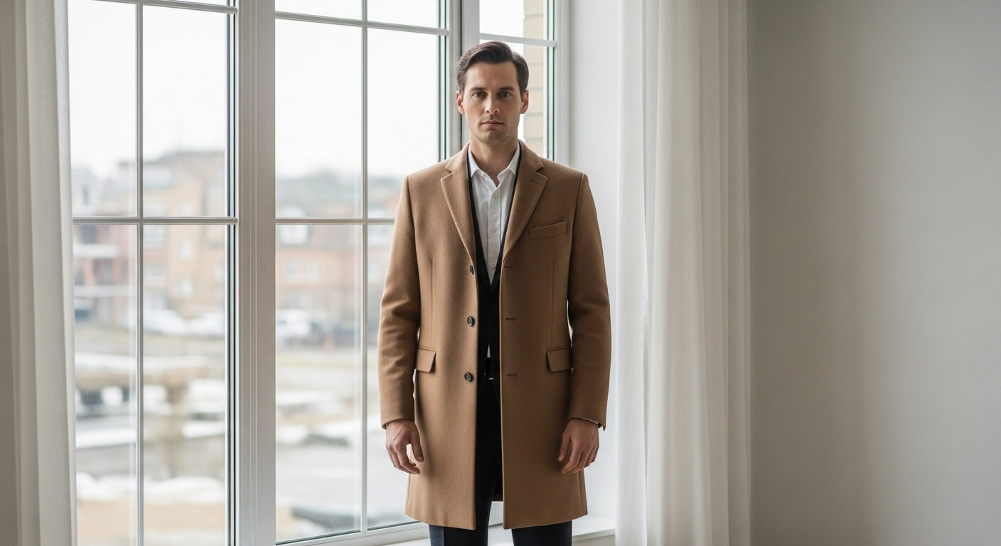 Man wearing a camel overcoat and white shirt standing in front of large window with white curtains
