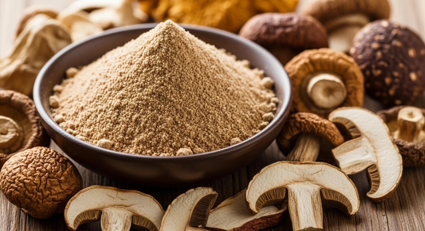 Bowl of powdered mushroom surrounded by whole and sliced dried shiitake mushrooms on a wooden surface