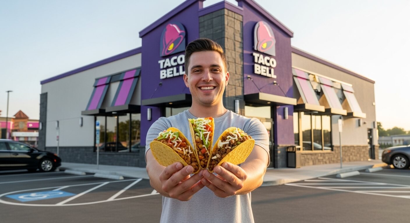 Man smiling and holding three tacos in front of a Taco Bell restaurant at sunset