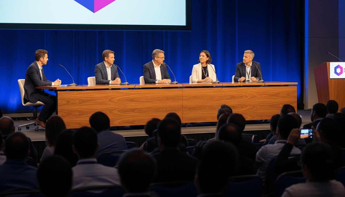 Five panelists speaking at a conference with a blue backdrop and an audience in front