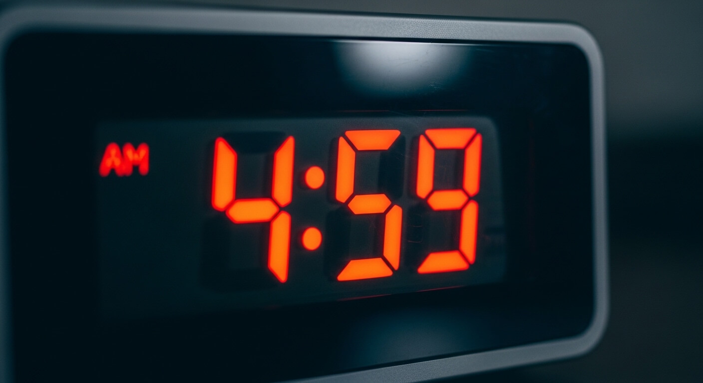 Digital alarm clock displaying 4:59 AM with red LED numbers on a black screen.