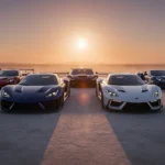 Seven Cupra Formentor VZ5 sports cars parked on a desert plain at sunset.
