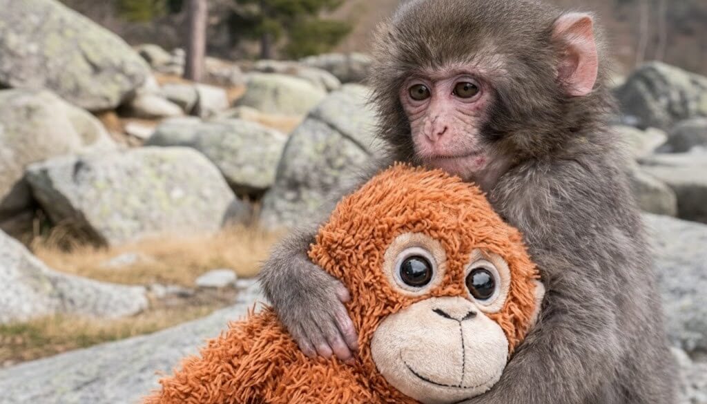 Baby monkey hugging an orange stuffed toy monkey outdoors among rocks.